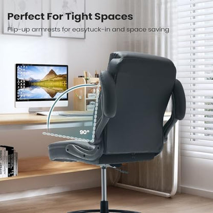 MAHOMICO Drafting Chair for Standing Desk – Tall Office Chair with Adjustable Height & Foot Ring, Flip-Up Arms, Lumbar Support – Comfortable Leather Seat, Ideal Home Desk Chair - color: Leatherblack