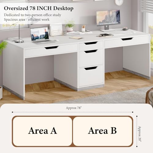 MaverickFurni 78" Two Person Desk with 5 Drawer, Long Desk with File Drawer | Double Desk for 2 People, 2 Person Desk Writing Table for Home Office, Long Computer Desk with Storage, White - color: Farmhouse White