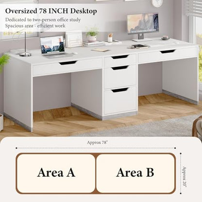 MaverickFurni 78" Two Person Desk with 5 Drawer, Long Desk with File Drawer | Double Desk for 2 People, 2 Person Desk Writing Table for Home Office, Long Computer Desk with Storage, White - color: Farmhouse White