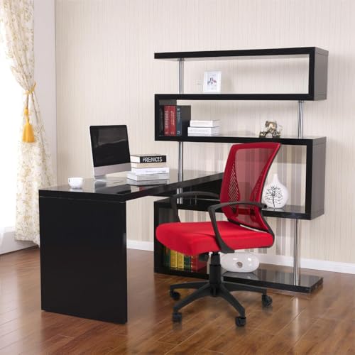 Furmax Office Chair Ergonomic Computer Desk Mesh Chair Mid Back Swivel Lumbar Support with Armrest (1, Red) - color: Red