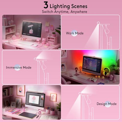 Quntis 20" Pink Monitor Light Bar with 15 RGB Modes, Flat & Curved Fits | Eye-care No Glare Ra95 Frontlight with Remote Stepless Brightness & Color Temperature, WFH Gaming Reading, Modern Aesthetic - color: Pink