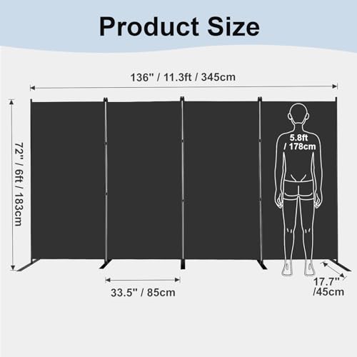 MAYOLIAH 4 Panels Folding Room Divider 6ft Tall Freestanding Privacy Screen - color: Black, size: 34"-4 Panel-Flat Base