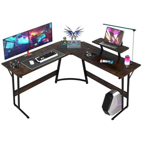 Gaming Desk L Shaped Desk, 50.4” Large Desk Computer Desk with Shelves & Carbon Fiber Desktop, Wood Desk Table Computer Table Writing Desk Work Desk pc desk for Bedroom Office Dorm Small Space, Brown - color: Brown