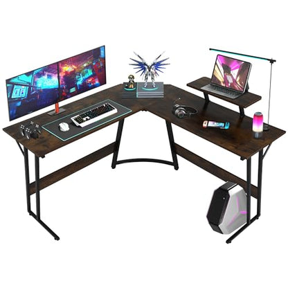 Gaming Desk L Shaped Desk, 50.4” Large Desk Computer Desk with Shelves & Carbon Fiber Desktop, Wood Desk Table Computer Table Writing Desk Work Desk pc desk for Bedroom Office Dorm Small Space, Brown - color: Brown