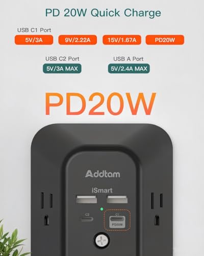 Addtam 5-Outlet Extender Surge Protector, Multi Plug Wall Outlet with 4 USB Wall Charger(PD 20W), Plug Extension Outlet 1800J, Outlet Splitter Power Strip for Home Office Dorm Room Essentials, Black - style: 2C2A PD 20W
