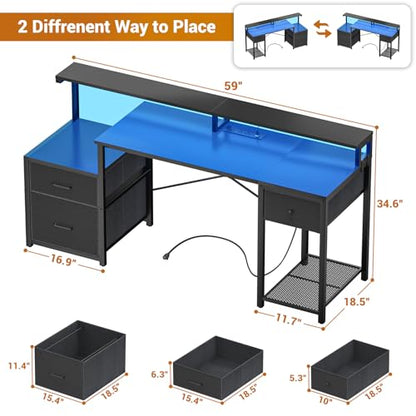 Aheaplus 59" Gaming Computer Desk with 3 Drawer, Power Outlet, Led Lights - color: Black