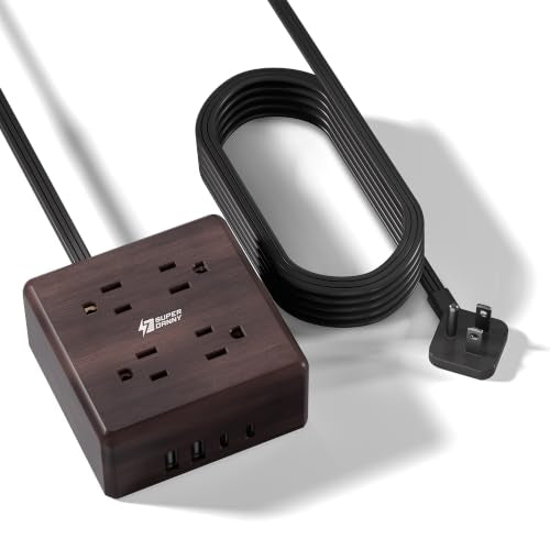 SUPERDANNY Brown Extension Cord, Flat Plug Power Strip Surge Protector, 5Ft - color: Deep Walnut Grain, size: 5ft