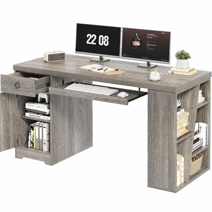 HSH 55" Modern Office Desk, Farmhouse Grey Computer Desk with Keyboard Tray | Wooden Executive Computer Table Teacher Desks with Storage Drawers Shelves and Cabinet for Home Writing Work Study - color: Light Grey Oak