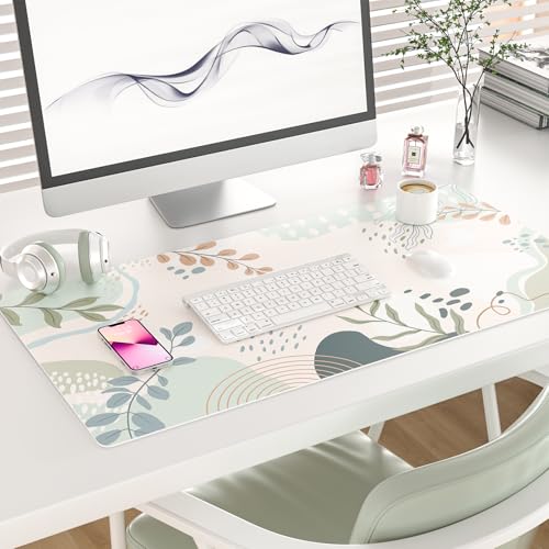 Faux Leather Large Mouse Pad, Office Desk Mat, 31.5"x15.7", Green Pink - color: Silhouette Plants-b, size: 31.5L x 15.7W inches