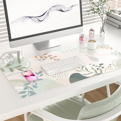 Faux Leather Large Mouse Pad, Office Desk Mat, 31.5"x15.7", Green Pink - color: Silhouette Plants-b, size: 31.5L x 15.7W inches