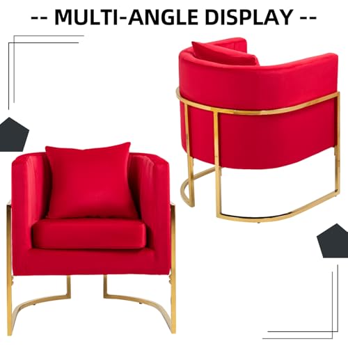 Velvet Accent Chair, Modern Barrel Arm Chair for Living Room/Bedroom/Guest Reception, Upholstered Club Armchair with Pillow & Gold Base, Red - color: Red, size: 1 PC