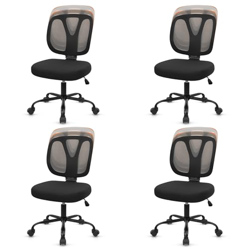 CLATINA Armless Home Office Chair, 360° Swivel Rolling Desk Chair with Lumbar Support and Wheels, Adjustable Height Mesh Back Small Ergonomic Computer Task Chair for Conference Waiting, Black(4 Pack) - color: Black-neva, size: 4 Pack