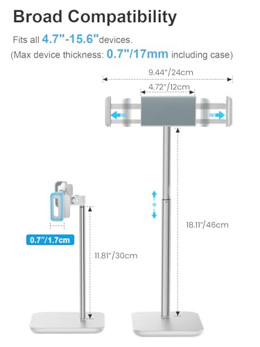 tounee Height Adjustable Tablet Stand, 3.5lb (1.6kg) Max Support, Up to 18" Tall, Slim Portable Monitors Stand Compatible with iPad Pro 12.9, Surface Pro, All 4.7"-15.6" Devices-White - color: White