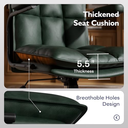 Ollega Green Petite Office Chair for Women Small to Medium Frame, Mid Century Modern Desk Chair with Arms, Soft Back&Seat, Adjustable Height, Wheels, Vintage Leather Computer Chair for Small Space
