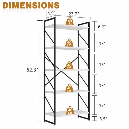 5 Tiers Bookshelf, Classically Tall Bookcase, Industrial Book Rack - color: Black & White