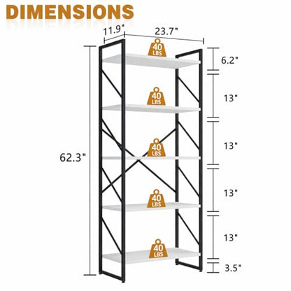 5 Tiers Bookshelf, Classically Tall Bookcase, Industrial Book Rack - color: Black & White