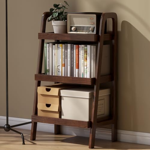 Solid Oak Small Bookshelf, 3 Tier Ladder Shelf Walnut Bookcase | Ladder bookshelf with compact design for small spaces, ideal for books, plants and decor in living room, bedroom and offices. - color: Walnut Color, size: 3 Tier (12.6" L x 17.72" W x 31.5"
