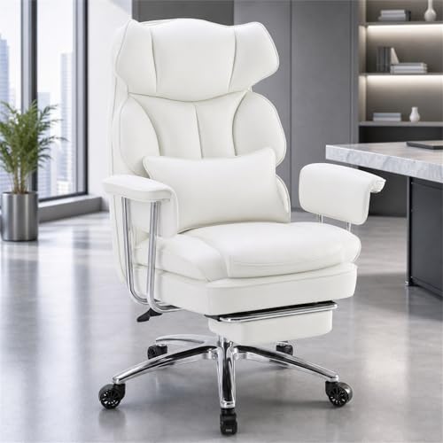 Executive Ergonomic Office Chair for Adults, Home Office | PU Leather, High Back Reclining Gaming Chair with Footrest and Lumbar Support, Height Adjustable Rolling Swivel, White - color: White