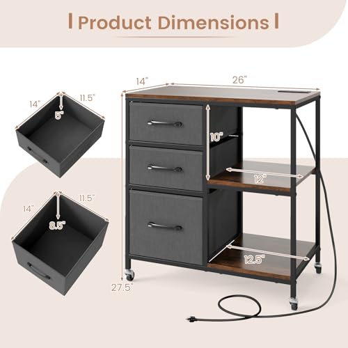 GOFLAME 3 Drawer Mobile File Cabinet with Charging Station, Rolling Printer Stand with Open Storage Shelves, Wooden Storage Cabinet on Wheels for Home Office (Rustic Brown and Gray) - color: Rustic Brown and Gray