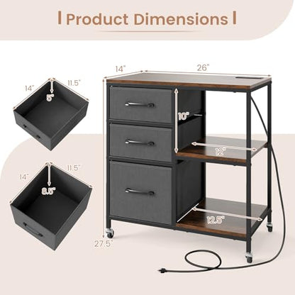 GOFLAME 3 Drawer Mobile File Cabinet with Charging Station, Rolling Printer Stand with Open Storage Shelves, Wooden Storage Cabinet on Wheels for Home Office (Rustic Brown and Gray) - color: Rustic Brown and Gray