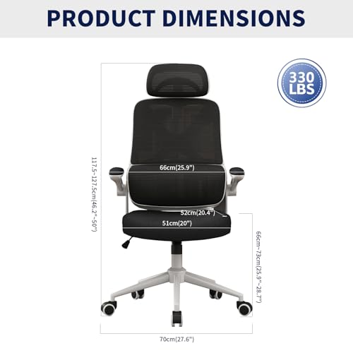 Ergonomic Office Chair - Desk Chair with Adjustable Headrest Lumbar Support Computer Chair - Mesh Comfy Chair with Flip-up Armrests - Gaming Chairs for Adults Home Office 330 LBS (White+Black) - color: White+black