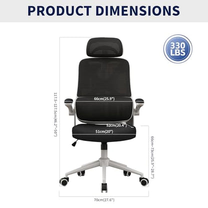 Ergonomic Office Chair - Desk Chair with Adjustable Headrest Lumbar Support Computer Chair - Mesh Comfy Chair with Flip-up Armrests - Gaming Chairs for Adults Home Office 330 LBS (White+Black) - color: White+black