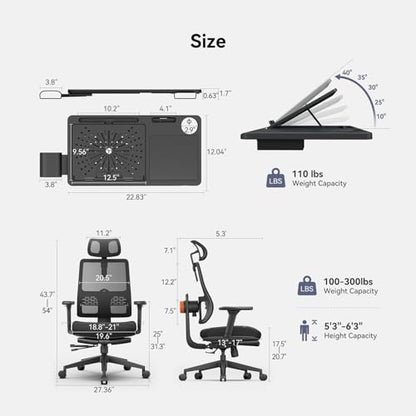 Newtral Ergonomic Office Chair, Ergonomic Mesh High Back Desk Chair, Computer Task Chair, with Footrest, Adaptive Lumbar Support - color: Black, size: 2D Headrest +Laptop Tray