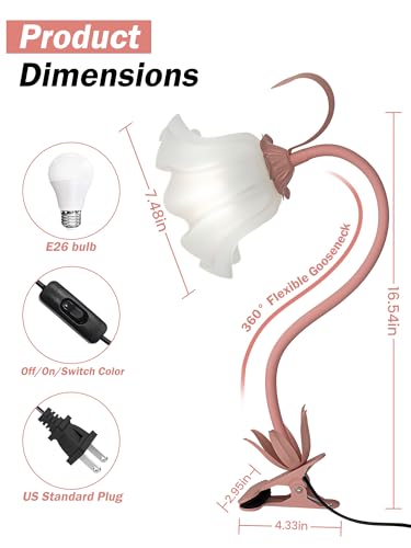Desk Lamp Flower Clip on Light,3 Color Modes Book Light Flexible Gooseneck LED Reading Light with Clamp Eye-Care Clip on Lamp for Bed Headboard Study Office Dorm (Pink Lamp) - color: Pink Lamp