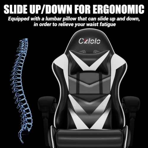 Czlolo Gaming Chair with Footrest Racing Style Lumbar Support Massager Video Game Chair with Metal Legs, High Back Reclining Gamer Chair with Headrest, 360° Swivel Office Computer Desk Chair (White) - color: White