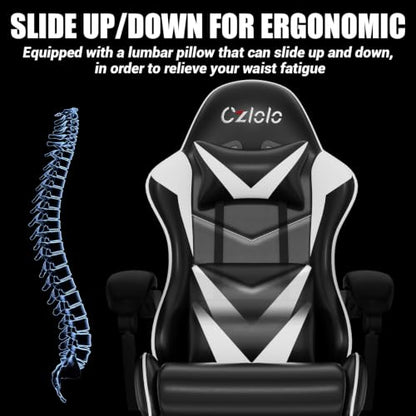 Czlolo Gaming Chair with Footrest Racing Style Lumbar Support Massager Video Game Chair with Metal Legs, High Back Reclining Gamer Chair with Headrest, 360° Swivel Office Computer Desk Chair (White) - color: White