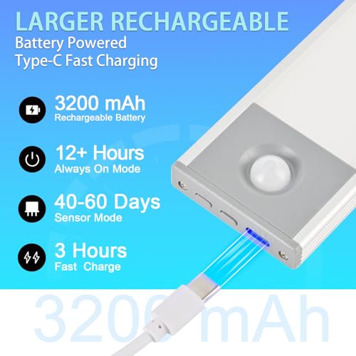 Under Cabinet Lighting, 3200mAh Motion Sensor Light Indoor, 2 Pack | 8 Inch, Cool White, 5-Level Dimmable, USB-C Rechargeable, 10s/20s Timer, Magnetic Under Counter Lights for Kitchen - size: 8 Inch