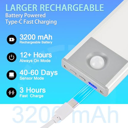 Under Cabinet Lighting, 3200mAh Motion Sensor Light Indoor, 2 Pack | 8 Inch, Cool White, 5-Level Dimmable, USB-C Rechargeable, 10s/20s Timer, Magnetic Under Counter Lights for Kitchen - size: 8 Inch
