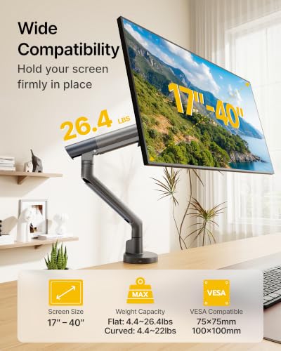 monTEK USB Monitor Arm for 17-40" Screens, 26.4 lbs, Gray | USB ports, mechanical spring, tension indicator, full motion, VESA 75/100, clamp/grommet bases and cable routing - color: Gray, size: with USB
