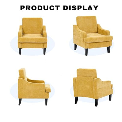 Set of 2 Accent Chair for Living Room,Mid-Century Arm Chair Chenille Fabric Living Room Chairs,Upholstered Reading Chair for Bedroom,Single Sofa Chair with Wood Legs for Apartment (Yellow) - color: Yellow
