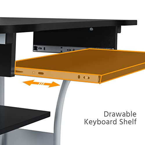 Yaheetech Small 3-Tier Rolling Computer Desk, Power Outlet, Black | Engineered wood tiers and metal frame suit small spaces, holding a monitor, printer, and keyboard tray by a built-in outlet. - color: Black