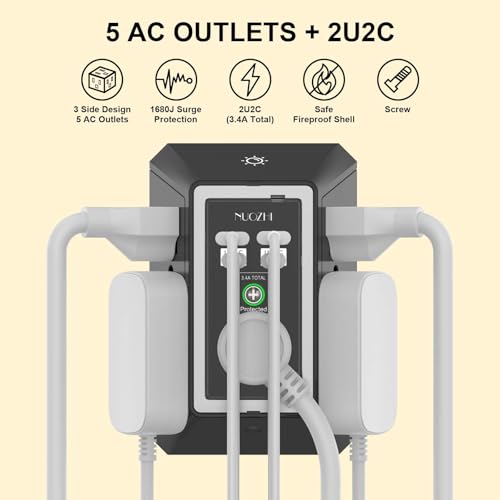 Multi Plug Outlet Surge Protector, NUOZHI 5 Outlets and 4 USB Ports(2 USB-C) and Night Light, 3-Sided Power Strip with Adapter Spaced Outlets for Home, Office, Travel, ETL Listed, Black - color: Black(Night Light), size: 5 Outlets
