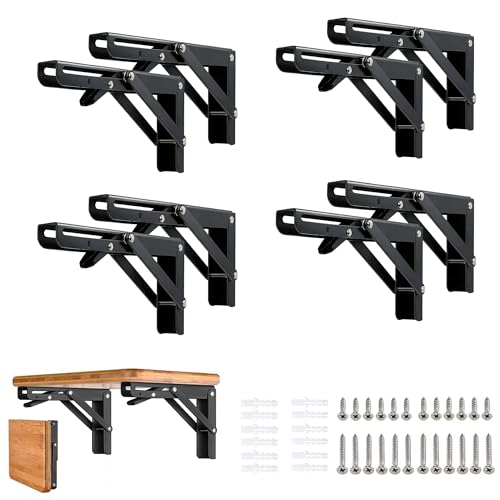 Folding Shelf Brackets 10 inch 8 Pcs - DIY Wall Mounted Shelf Bracket for Garage Workstation, Stuff Supports, Plant Stand - Heavy Duty Metal Collapsible Floating Shelf Bracket Black - size: 10 Inch- 8 Packs