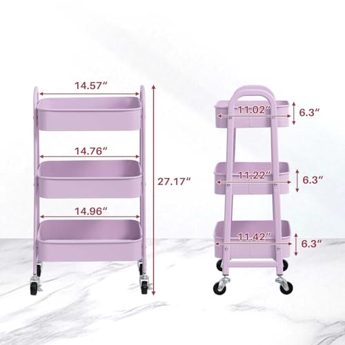 AGTEK 3 Tier Utility Rolling Cart with Lockable Wheels, Metal Multifunctional Storage, Organizer Cart for Kitchen, Office, Living Room, Makeup, Craft, Art Studio, Purple - color: Purple