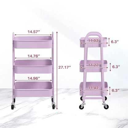 AGTEK 3 Tier Utility Rolling Cart with Lockable Wheels, Metal Multifunctional Storage, Organizer Cart for Kitchen, Office, Living Room, Makeup, Craft, Art Studio, Purple - color: Purple