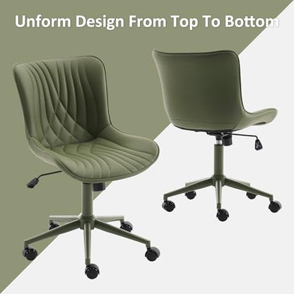 YOUTASTE Green Armless Office Chair, Modern Adjustable Swivel Desk Chair with Wheels, Upholstered PU Leather, Green Metal Legs, Back Support for Home Office, Study, Vanity, Bedroom - color: All Green