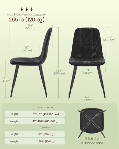VASAGLE Set of 4 Dining Chairs, Dining Room Kitchen Chairs, Metal Frame, Adjustable Feet, Easy to Clean, Glacier-Textured PU Leather, for Kitchen, Ink Black UKDC188B01V1 - color: Ink Black, size: Set of 4 (Solid PU)