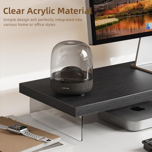 Dual Monitor Stand Riser, 40x10 in Wood & Acrylic Desktop Organizer Shelf - color: Black Oak, size: 40*10 Inch