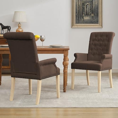 LOULENS Linen Dining Chair with Arms, Tufted Dining Room Chairs, Brown | Solid Wood Legs, Nailhead Trim, Accent Chair, Kitchen Chair - color: Brown-a, size: 1 PCS