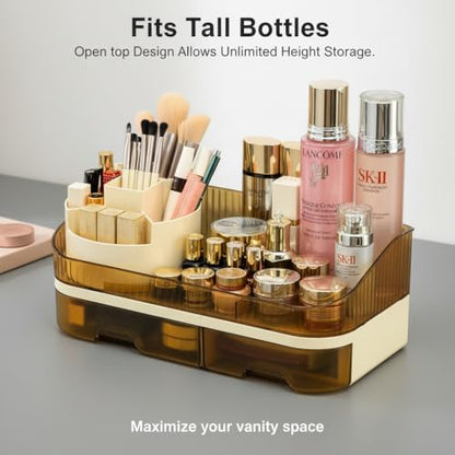 Makeup Organizer Countertop with Dual Drawers, Large Capacity Cosmetic Storage for Vanity Bathroom Skincare, 360° Rotating Makeup Brush Holder - color: brown