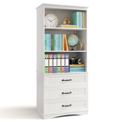 Gizoon 70'' Tall Bookcase with 3 Drawers Wooden Bookshelf with Storage Cabinet Multifunctional Book Storage Organizer for Office Living Room and Bedroom，White - color: White