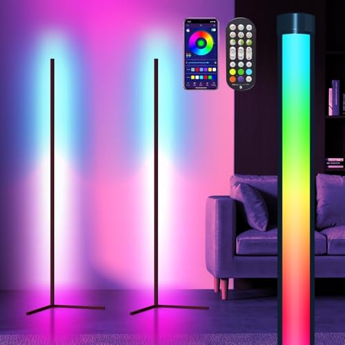Corner Floor Lamp, 2 Pack LED Corner Lamp with App/Remote/Button Control, Smart RGB Floor Lamp with 16 Million DIY Colors, 300+Dynamic Modes, Music Sync for Living Room, Bedroom, Gaming Room - color: Black