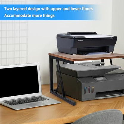 Printer Stand for Desk with Storage, Desktop Printer Stand Shelf Organizer, Fixed 2-Tier Heavy Duty Wood & Metal Desk Printer Stand, Small Printer Table for Home Office Kitchen, 100 lb Capacity
