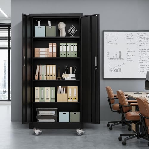 VINGLI Rolling Metal Storage Cabinet with Adjustable Shelves, 71'' Tall Garage Storage Cabinet with Wheels, Locking Tool Cabinets for Home Office Garage Gym School (Black) - color: Black, size: 71'' Rolling Cabinet