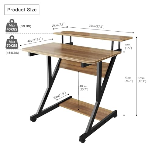 Dripex Computer Desk for Small Spaces, Z Shaped Small Computer Desk, 27.5 inch Compact Desk with Monitor Shelf and Bottom Storage Shelves, Space Saving Desk, Walnut - color: Walnut