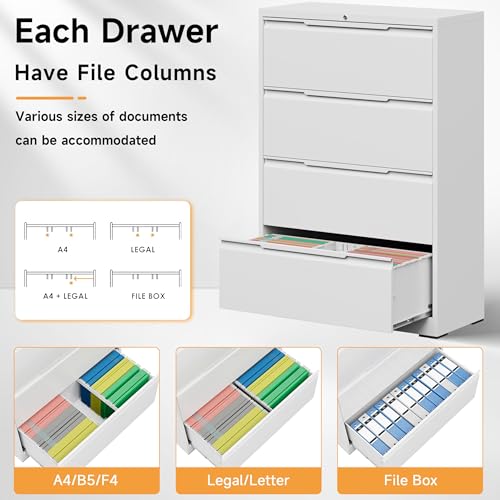 Bestoo 4 Drawer File Cabinet, Metal Lateral Filing Cabinet with Lock - color: White, size: 4 Drawer 15.7" D x 35.4" W x 51.8" H